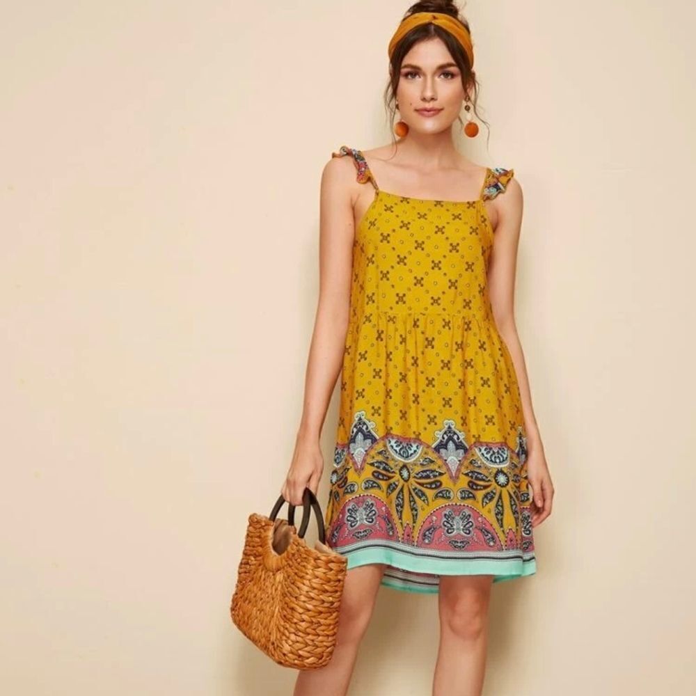 Shein Burnt Yellow Patterned Bohemian Dress (S)
